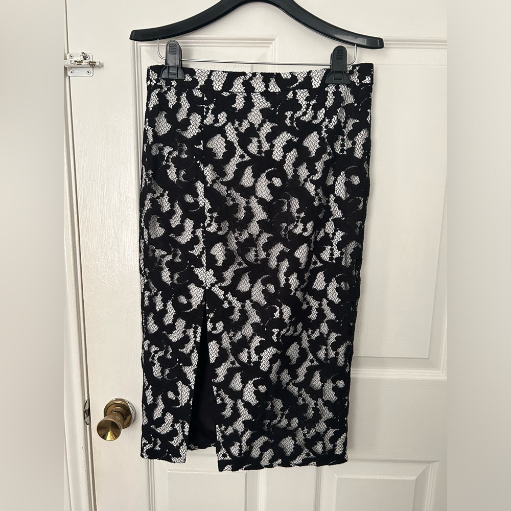 Bardot Black Lace-Overlay Pencil Skirt with Cream Underlay
